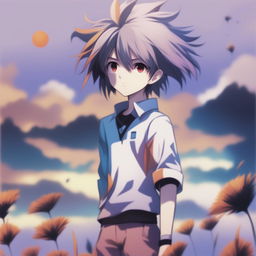 A high-quality digital art image depicts an anime-style boy standing in a field