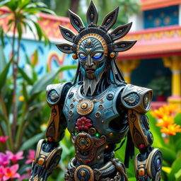 An intricately designed robot inspired by the Banjar culture, featuring traditional motifs and patterns typical to the region