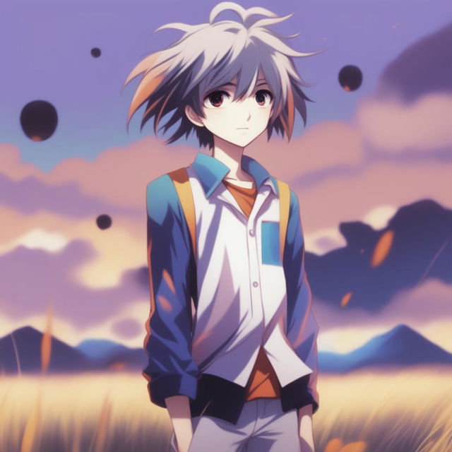 A high-quality digital art image depicts an anime-style boy standing in a field