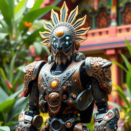 An intricately designed robot inspired by the Banjar culture, featuring traditional motifs and patterns typical to the region