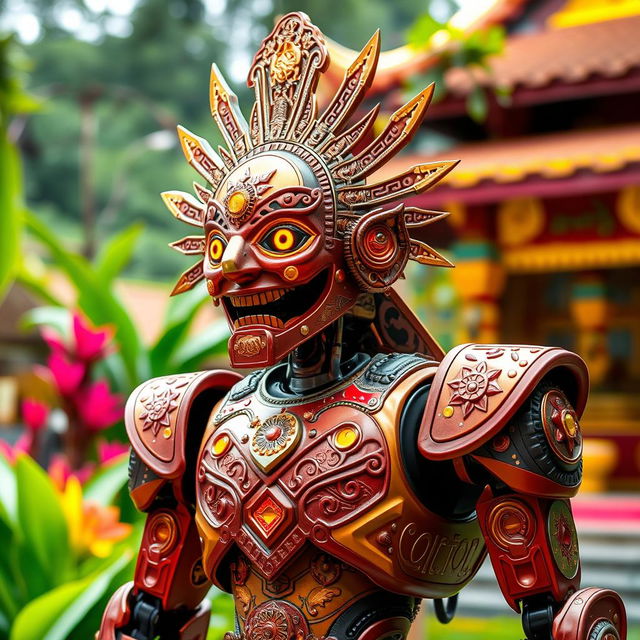 An intricately designed robot inspired by the Banjar culture, featuring traditional motifs and patterns typical to the region