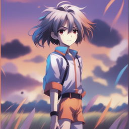 A high-quality digital art image depicts an anime-style boy standing in a field