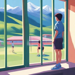 A high-quality digital art image featuring a high school boy, standing by a classroom window, attentively watching his girlfriend