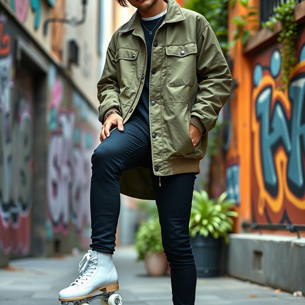 A stylish urban fashion scene featuring a person wearing an olive green jacket, paired with black pants that have a slim fit