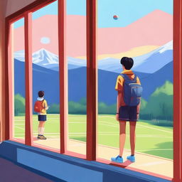 A high-quality digital art image featuring a high school boy, standing by a classroom window, attentively watching his girlfriend