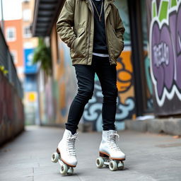 A stylish urban fashion scene featuring a person wearing an olive green jacket, paired with black pants that have a slim fit