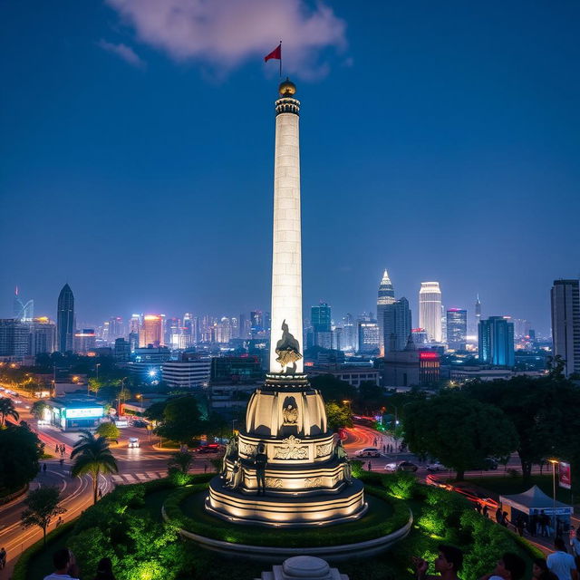 A stunning cityscape view of Tugu Pancoran in Jakarta, Indonesia, showcasing the iconic tower illuminated at night