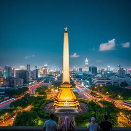 A stunning cityscape view of Tugu Pancoran in Jakarta, Indonesia, showcasing the iconic tower illuminated at night