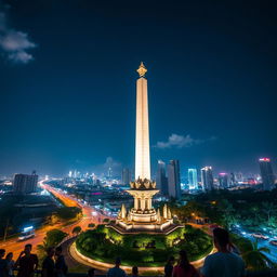 A stunning cityscape view of Tugu Pancoran in Jakarta, Indonesia, showcasing the iconic tower illuminated at night