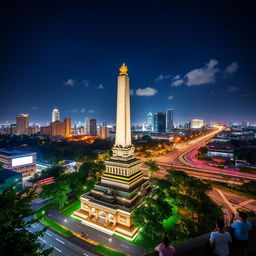 A stunning cityscape view of Tugu Pancoran in Jakarta, Indonesia, showcasing the iconic tower illuminated at night