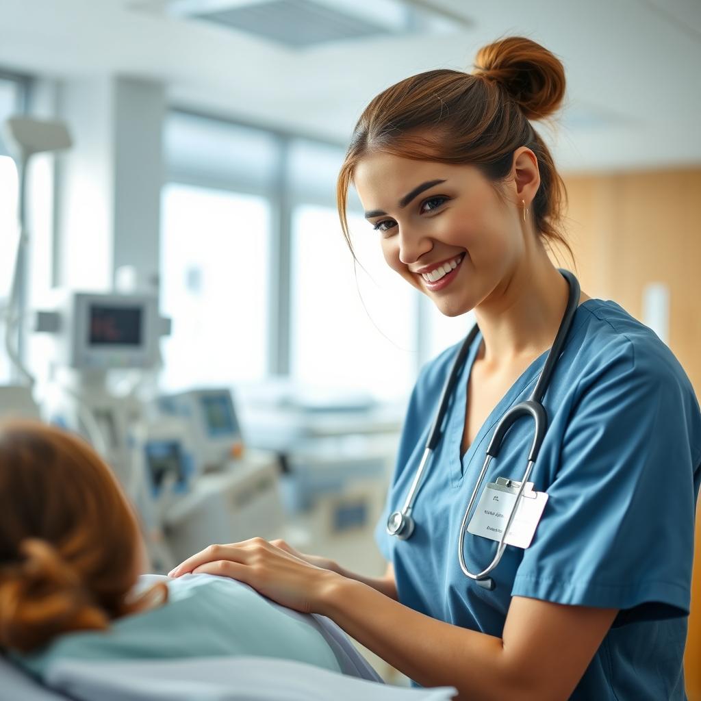 A dedicated nurse working in a hospital, wearing scrubs and a stethoscope around her neck