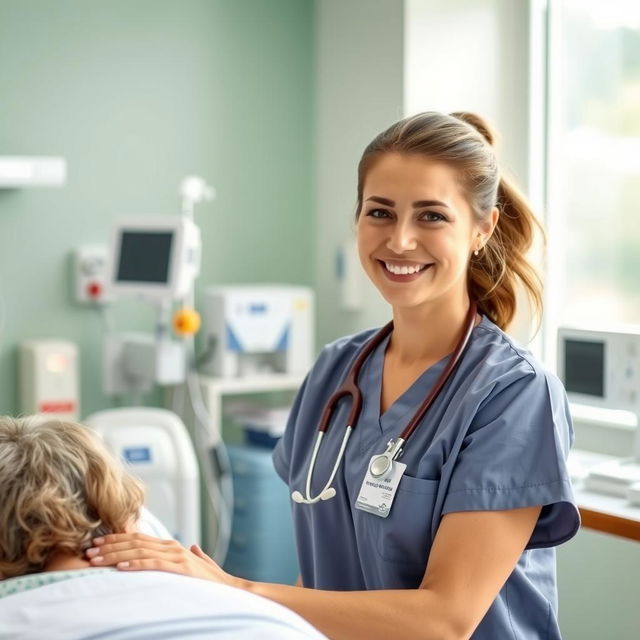 A dedicated nurse working in a hospital, wearing scrubs and a stethoscope around her neck