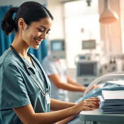 A dedicated nurse working in a hospital, wearing scrubs and a stethoscope around her neck