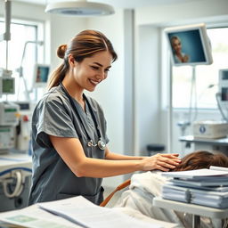 A dedicated nurse working in a hospital, wearing scrubs and a stethoscope around her neck