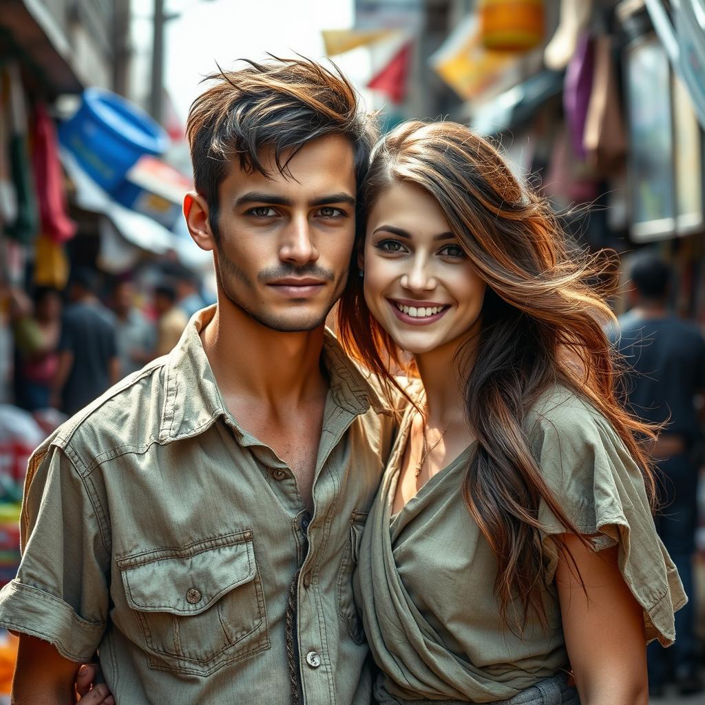 A handsome young man with rugged features, wearing tattered and worn-out clothes, depicting his poor background