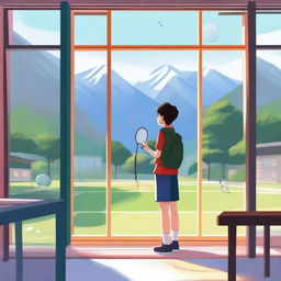 A high-quality digital art image featuring a high school boy, standing by a classroom window, attentively watching his girlfriend