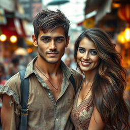 A handsome young man with rugged features, wearing tattered and worn-out clothes, depicting his poor background