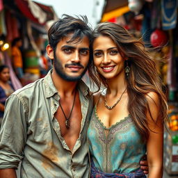 A handsome young man with rugged features, wearing tattered and worn-out clothes, depicting his poor background