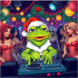 A vibrant vector style illustration of Pepe the Frog dressed as Santa Claus, intensely focused on DJing at a festive party