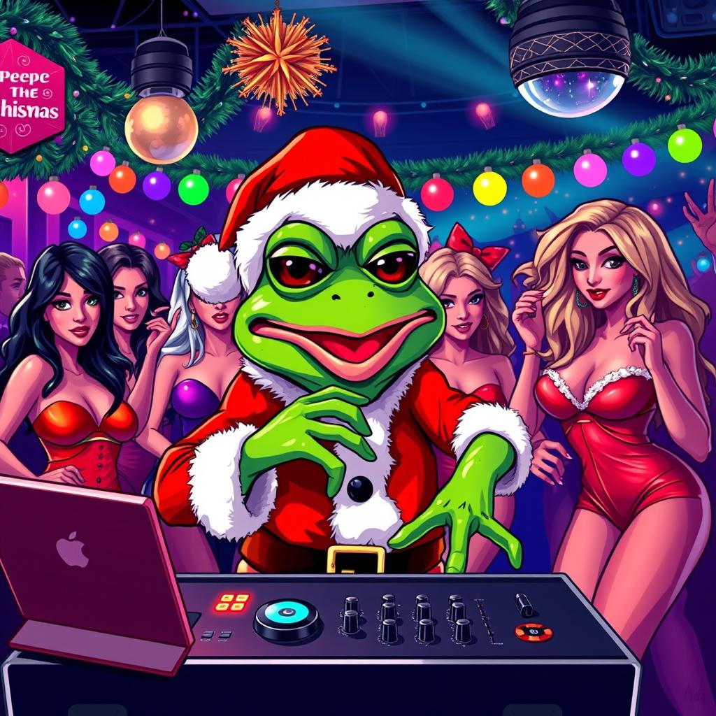 A vibrant vector style illustration of Pepe the Frog dressed as Santa Claus, intensely focused on DJing at a festive party