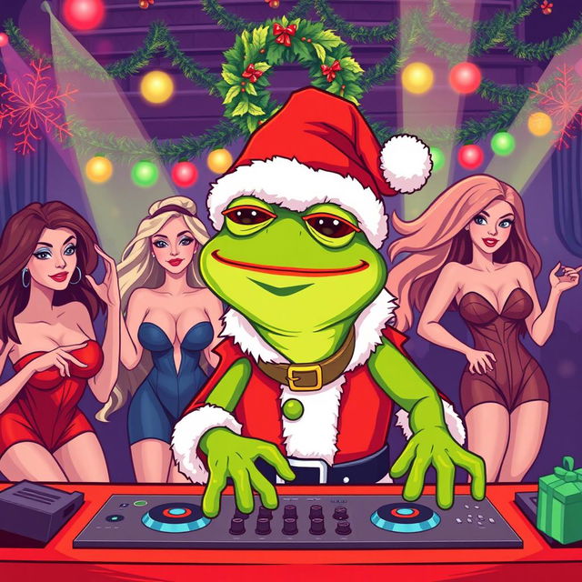 A vibrant vector style illustration of Pepe the Frog dressed as Santa Claus, intensely focused on DJing at a festive party