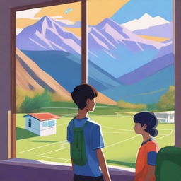 A high-quality digital art image featuring a high school boy, standing by a classroom window, attentively watching his girlfriend