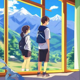 A high-quality anime-style digital art image depicts a high school boy by a classroom window, gazing at his girlfriend playing badminton in a mountain-framed playground