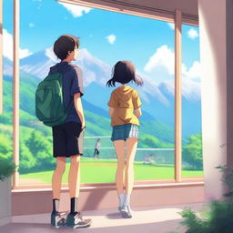 A high-quality anime-style digital art image depicts a high school boy by a classroom window, gazing at his girlfriend playing badminton in a mountain-framed playground