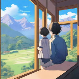 A high-quality anime-style digital art image depicts a high school boy by a classroom window, gazing at his girlfriend playing badminton in a mountain-framed playground