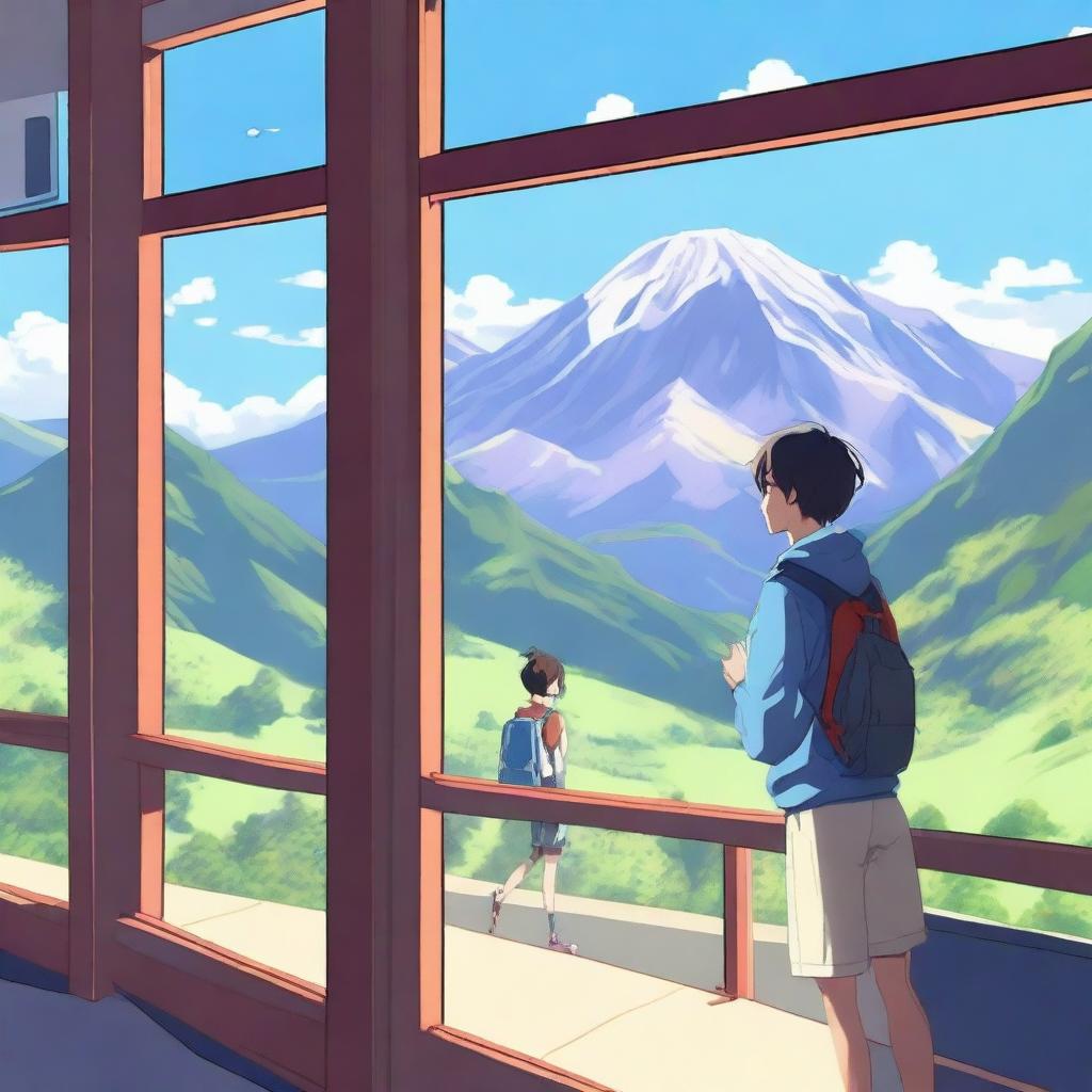 A high-quality anime-style digital art image depicts a high school boy by a classroom window, gazing at his girlfriend playing badminton in a mountain-framed playground