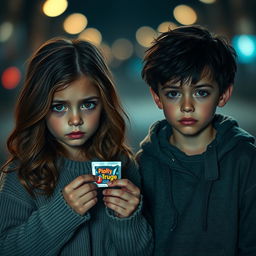 A sorrowful scene depicting a young girl and boy, both with expressive, tearful faces, holding a small packet of a colorful drug in their hands