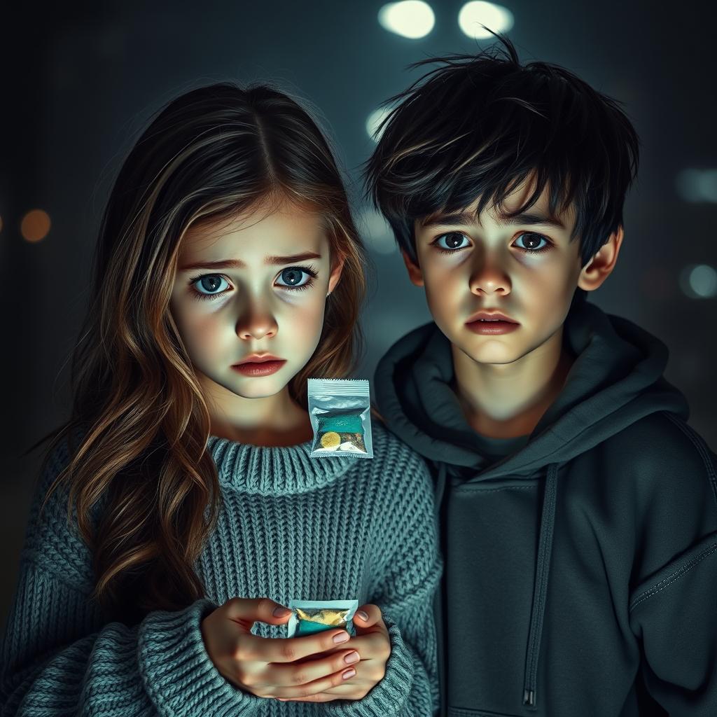 A sorrowful scene depicting a young girl and boy, both with expressive, tearful faces, holding a small packet of a colorful drug in their hands
