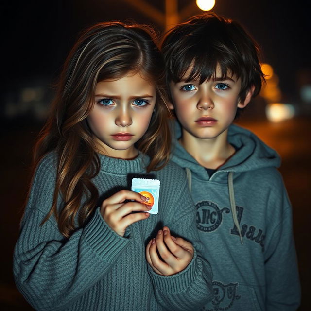 A sorrowful scene depicting a young girl and boy, both with expressive, tearful faces, holding a small packet of a colorful drug in their hands