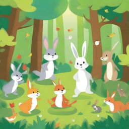 A high-quality digital art that captures a whimsical forest scene with anthropomorphic animals on an adventure