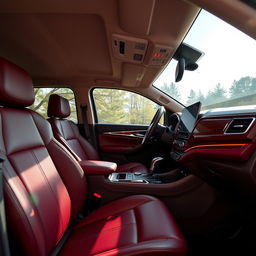 Interior of a 2023 Isuzu vehicle, featuring a sleek and modern design in a rich wine red color