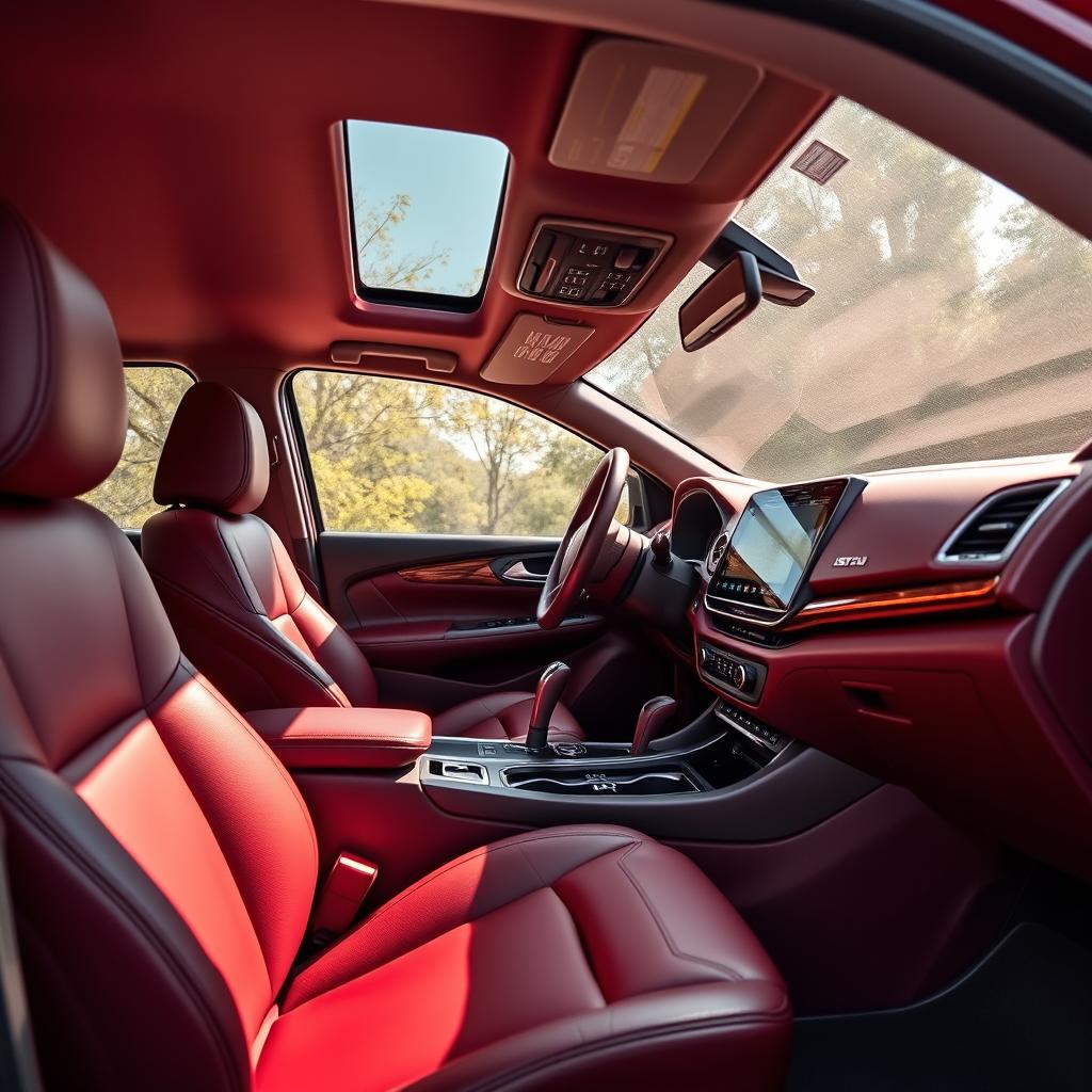 Interior of a 2023 Isuzu vehicle, featuring a sleek and modern design in a rich wine red color
