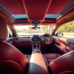 Interior of a 2023 Isuzu vehicle, featuring a sleek and modern design in a rich wine red color