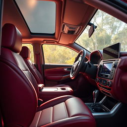 Interior of a 2023 Isuzu vehicle, featuring a sleek and modern design in a rich wine red color