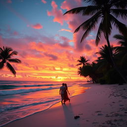 A tropical beach scene at sunset, featuring palm trees gently swaying in the breeze, soft white sand, and turquoise waves lapping at the shore