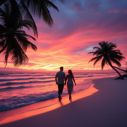 A tropical beach scene at sunset, featuring palm trees gently swaying in the breeze, soft white sand, and turquoise waves lapping at the shore