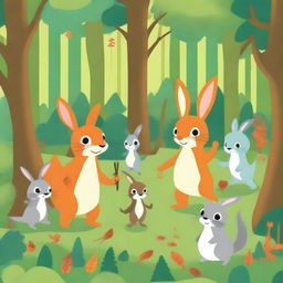 A high-quality digital art that captures a whimsical forest scene with anthropomorphic animals on an adventure