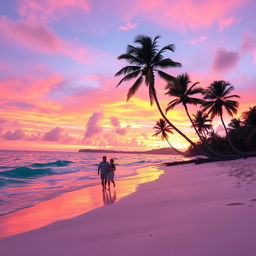 A tropical beach scene at sunset, featuring palm trees gently swaying in the breeze, soft white sand, and turquoise waves lapping at the shore