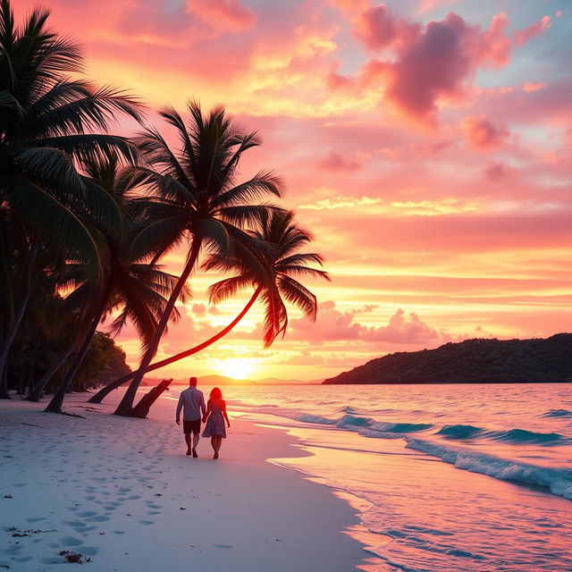 A tropical beach scene at sunset, featuring palm trees gently swaying in the breeze, soft white sand, and turquoise waves lapping at the shore