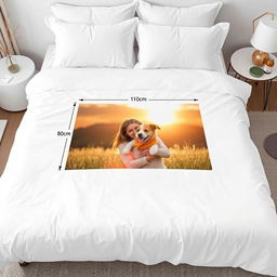 A beautifully crafted handmade duvet cover designed for a one and a half plaza bed, featuring a personalized image with dimensions of 110 cm in length and 80 cm in width prominently displayed in the center of the duvet