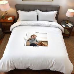 A beautifully crafted handmade duvet cover designed for a one and a half plaza bed, featuring a personalized image with dimensions of 110 cm in length and 80 cm in width prominently displayed in the center of the duvet