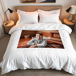 A beautifully crafted handmade duvet cover designed for a one and a half plaza bed, featuring a personalized image with dimensions of 110 cm in length and 80 cm in width prominently displayed in the center of the duvet