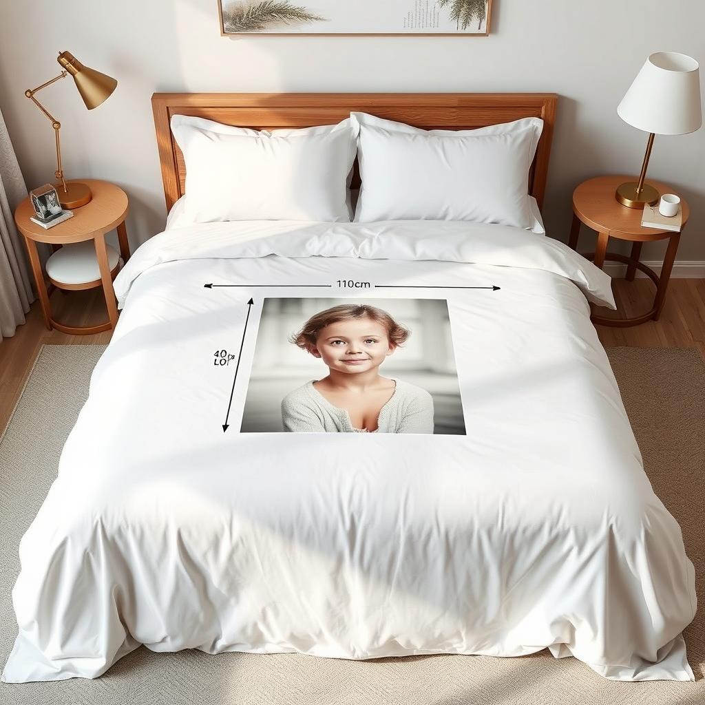 A beautifully crafted handmade duvet cover designed for a one and a half plaza bed, featuring a personalized image with dimensions of 110 cm in length and 80 cm in width prominently displayed in the center of the duvet