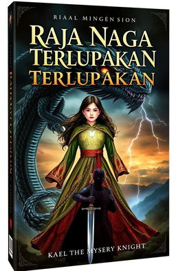 A fantasy book cover for 'Raja Naga yang Terlupakan' featuring an incredible scene with Alana, a powerful girl wearing a shimmering ancient gown adorned with a glowing dragon pendant around her neck