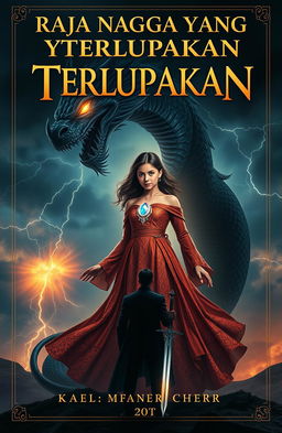 A fantasy book cover for 'Raja Naga yang Terlupakan' featuring an incredible scene with Alana, a powerful girl wearing a shimmering ancient gown adorned with a glowing dragon pendant around her neck