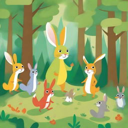 A high-quality digital art that captures a whimsical forest scene with anthropomorphic animals on an adventure